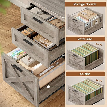 SEDETA Farmhouse 67" L Shaped Desk with 3 Drawers, Executive Desk, Home Office Desks with Storage Shelves, Corner Computer Desk with Power Outlets for Home Office, Grey