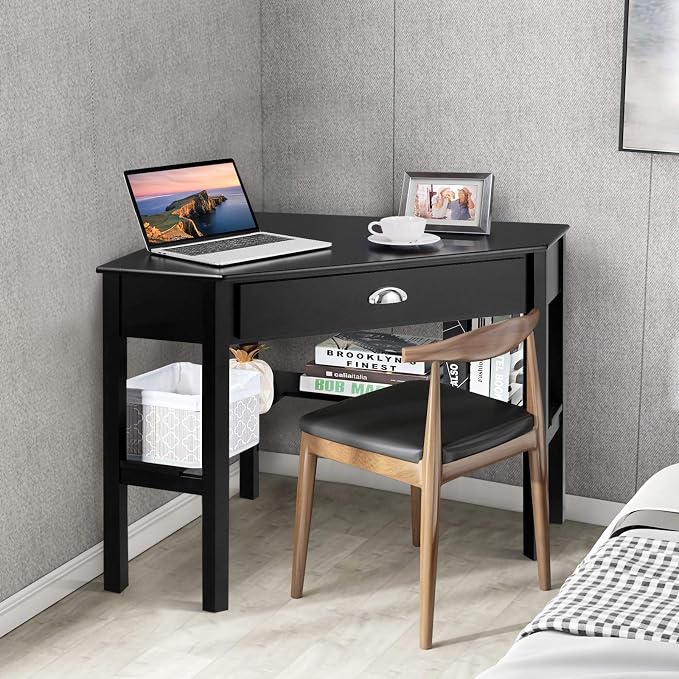 GOFLAME Computer Corner Desk, Wood Compact Home Office Writing Workstation with Drawer and Shelves, Laptop PC Corner Table for Small Space Home Office, Black