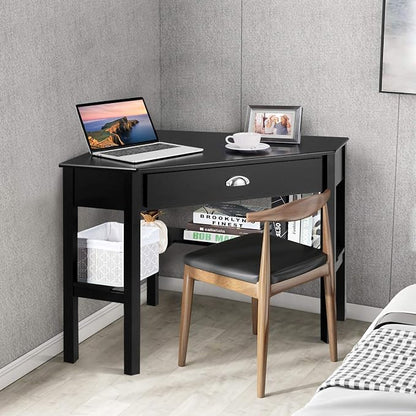 GOFLAME Computer Corner Desk, Wood Compact Home Office Writing Workstation with Drawer and Shelves, Laptop PC Corner Table for Small Space Home Office, Black