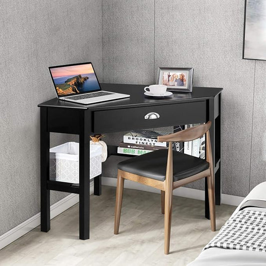 KOTEK Corner Desk with Drawer and Shelves, Wooden Home Office Desk Triangle Computer Desk, Writing Study Desk Computer Workstation, Makeup Vanity Table (Black)