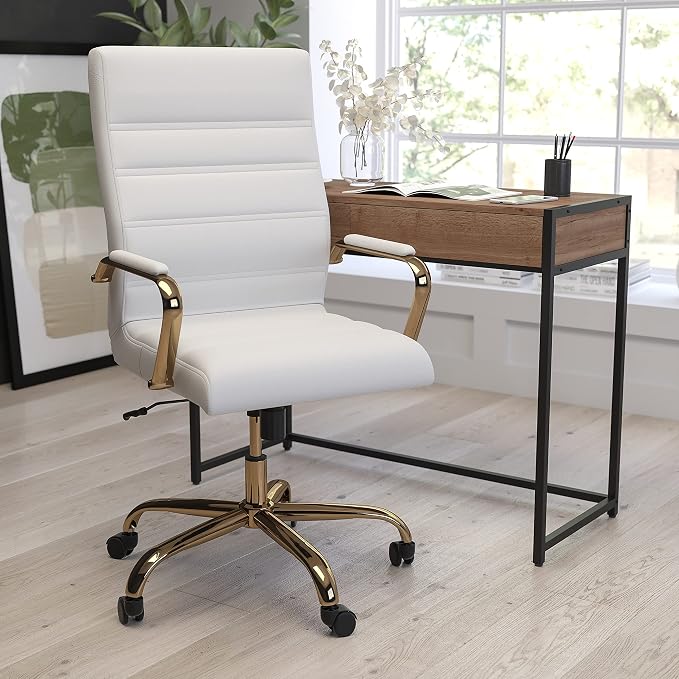 Merrick Lane Milano Contemporary High-Back White Faux Leather Home Office Chair with Padded Gold Arms