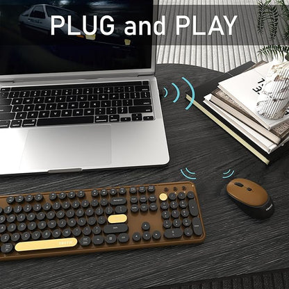 Colorful Wireless Computer Keyboards Mouse Combos, UBOTIE Polychrome Round Keycaps Retro PC Keyboards 2.4GHz Radio Frequency Connection with Optical Mouse(Black Brown)