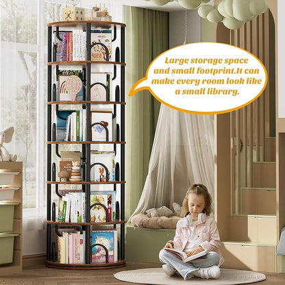 Aheaplus 6 Tier Rotating Bookshelf Tower, Revolving Bookcase, 360° Round Spinning Book Shelf, Narrow Swivel Bookshelves Vertical Turning Corner Bookshelf Organizer for Small Space, Rustic Brown