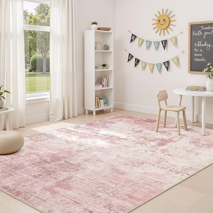 UERMEI 6x9 Area Rug Living Room Rugs - Washable Neutral Modern Abstract Soft Thin Large Rug Indoor Floor No Slip Rug Carpet for Bedroom Under Dining Table Home Office Decor - Pink