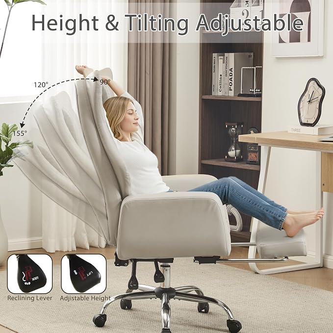 Ergonomic Cross Legged Office Chair with Footrest,Leather Big and Tall Executive Chair with Lumbar Pillow,Reversible Armrest for Pets,155° Reclining Computer Wide Desk Chair for Home,Office, Beige