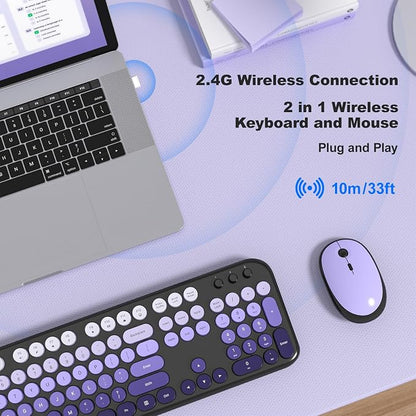 Wireless Keyboard Mouse Combo - Lovely Blackpurple-Gradient Rainbow Full-Sized Typewriter Colorful Keyboards, Round Keycap Plug Play Retro Cute Keyboards for Windows, Laptop, PC, Desktop, Computer