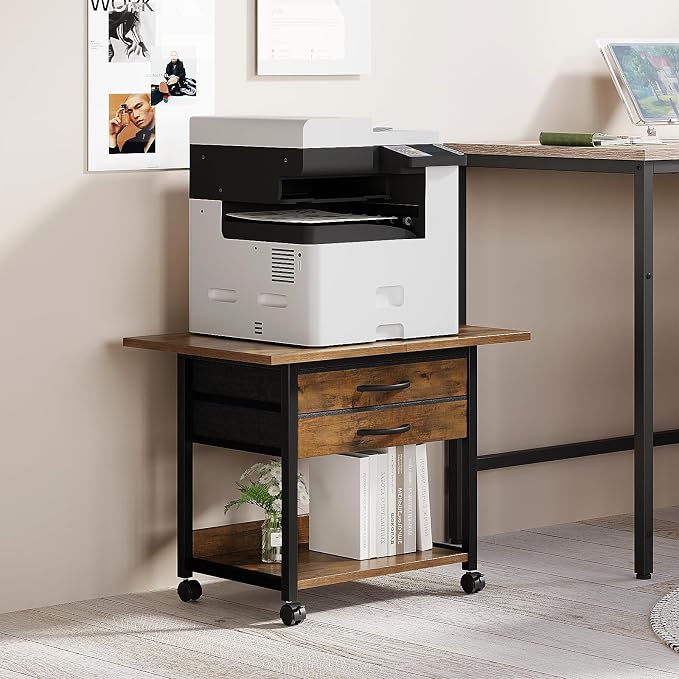 VENNQD Large Printer Stand with Storage Fabric Drawer Under Desk Printer Table with Wheels for Home Office, Printer Cart fit Fax Machine Scanner 23.4"x15.7"(Rustic Brown, 2 Tiers)