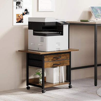 VENNQD Large Printer Stand with Storage Fabric Drawer Under Desk Printer Table with Wheels for Home Office, Printer Cart fit Fax Machine Scanner 23.4"x15.7"(Rustic Brown, 2 Tiers)