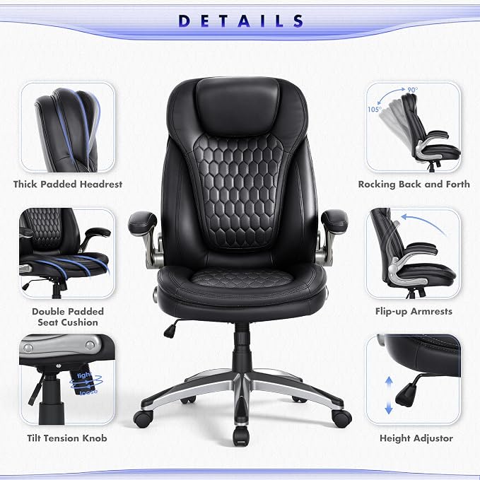 Executive Office Chair-Ergonomic Computer Desk Chair, High Back Leather Chair with Padded Flip-up Arms, Swivel Home Office Chair Upgraded Caster-Black