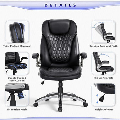 Executive Office Chair-Ergonomic Computer Desk Chair, High Back Leather Chair with Padded Flip-up Arms, Swivel Home Office Chair Upgraded Caster-Black
