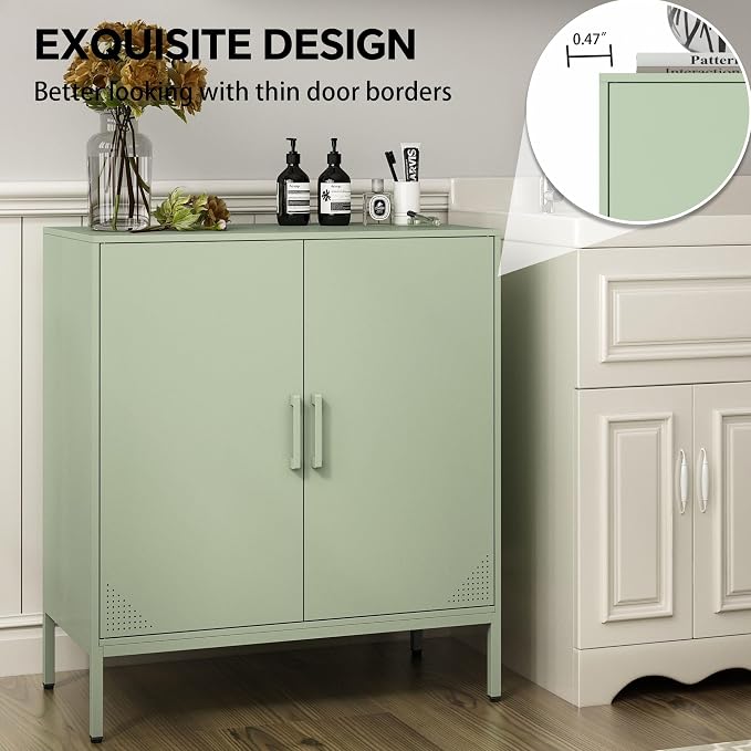 Steehoom Metal Storage Cabinet with Adjustable Shelf, 2 Door Locker Cabinet Buffet Sideboard for Kitchen Pantry, Dining Room, Office, Entryway, Bar (Green, 31.5" D x 15.75" W x 35.43" H)