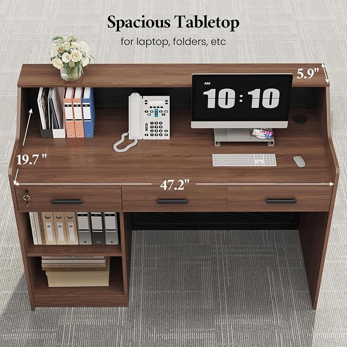 Reception Desk with Counter, Front Desk with 3 Drawers and Storage Cabinet, 47 inch Modern Retail Counter with Cable Grommet for Checkout, Barber, Beauty Salon, Home Office