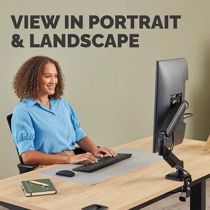 Fellowes Everyday Plus Single Gas Spring Monitor Arm Supports up to 32" Screens Weighing 4.4-19.84 lbs, Height Adjusting, Tilt, Swivel, Rotate, VESA 75/100, Clamp or Grommet Mount, Cable Management