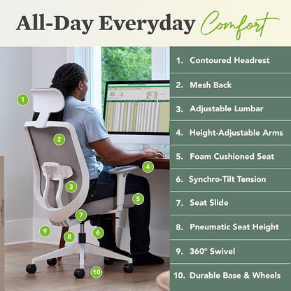 HON Altern Ergonomic Office Chair with Headrest, Mid‑Back Mesh Desk Chair, Adjustable Arms, Seat Slide, Synchro‑Tilt, Rolling Computer Seat for Home Office, White Frame, Indigo