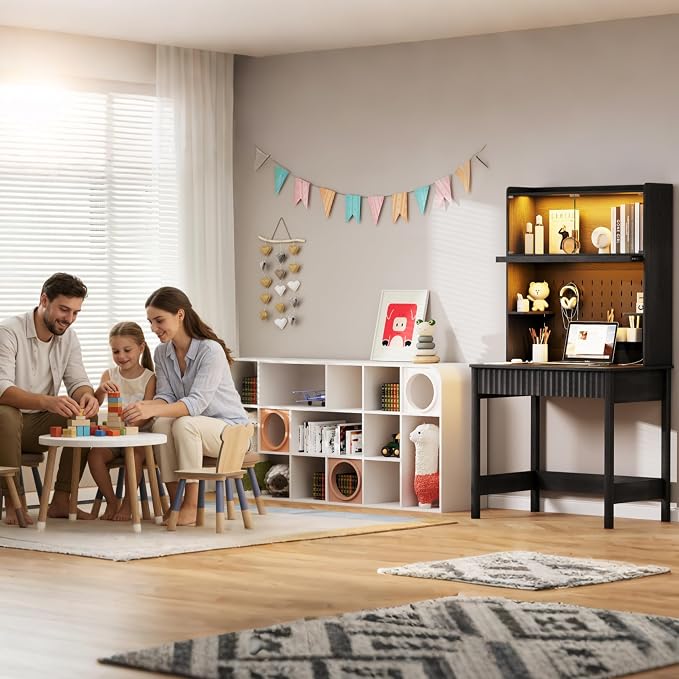 Lvifur 31.5" Small Study Desk with - Drawer & Hutch,Computer Desk with Charging Station,Compact Writing Desk with LED Reading Lights,Home Office Desks for Small Spaces,Bedroom Study Room,Black