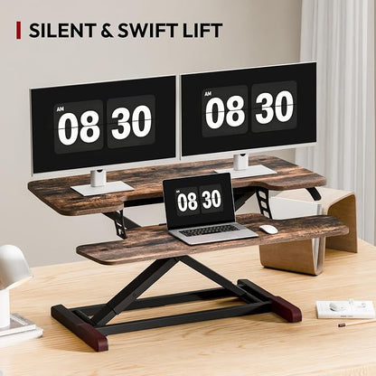 SANODESK 36" Standing Desk Converter, Height Adjustable Sit-Stand Computer Riser, Dual Monitor Workstation with Keyboard Tray, Ergonomic Tabletop, Rustic Brown