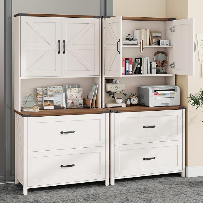 Halitaa File Cabinet 2 Drawers Lateral File Cabinet with Adjustable Shelf for Letter/Legal/A4 Size Hanging Files, Large Wood File Storage Cabinets Printer Stand for Home Office, Rustic White