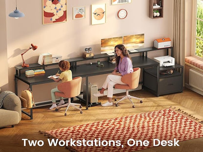 SEDETA 66" L Shaped Desk with Power Outlet, Reversible Home Office Computer Desk with File Drawer & Monitor Shelf, Storage Shelves, LED Lights for Corner Small Spaces, Black