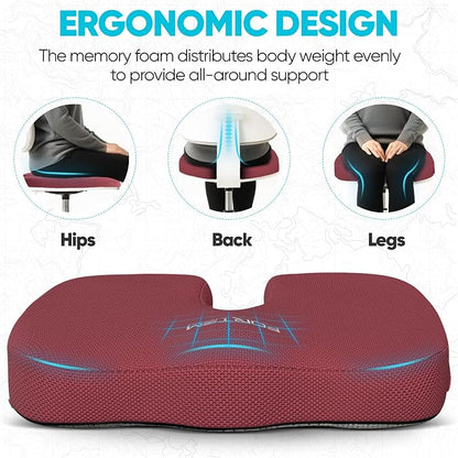 FORTEM Seat Cushion, Office Chair Cushion, Memory Foam Car Seat Cushions, Sciatica Coccyx Tailbone Pain Relief, Chair Cushions for Back Support, Sitting Pad for Gaming, Washable Cover, Non Slip