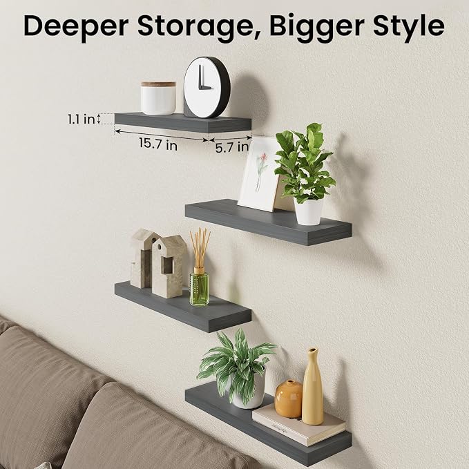 BAYKA Floating Shelves, Gray Wall Mount Wood Shelf 15.7in Set of 4 | Hidden Bracket Design, Max 22lbs Load, Multi-Wall Compatible, Easy Install, Ideal for Bathroom Bedroom Display Storage Decor