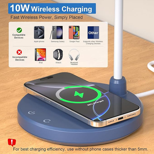 Desk Lamp for Home Office - LED Desk Lamp with Wireless Charger, 3 Color Modes Dimmable Eye-Caring Study Reading Desk Light, Small Flexible Arm Table Lamp for College Dorm Room, Navy Blue