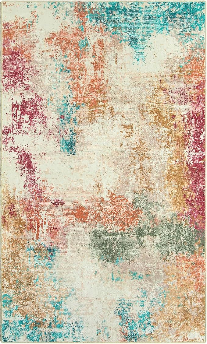 Lahome Abstract Kitchen Rugs Washable, 3x5 Ultra Thin Soft Small Area Rug for Living Room Non-Slip, Low-Pile Indoor Modern Colorful Bedroom Throw Carpet for Entryway Office Bathroom