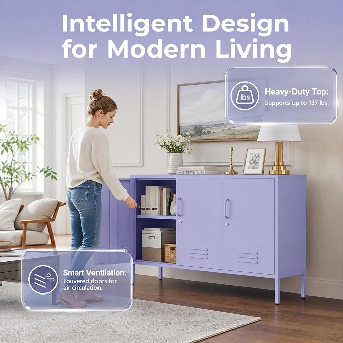 Purple Wide 3-Door Accent Cabinet, Lockable Metal Sideboard with Adjustable Shelves, Multifunctional Cabinet for Home Living Room Kitchen Bedroom