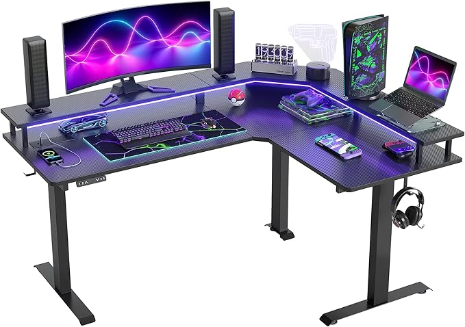 FEZIBO 63"x49" L Shaped Standing Desk with LED Strip & Power Outlets, Height Adjustable Stand up Corner Gaming Desk with Ergonomic Monitor Stand, Black Top/Black Frame（2 Packages）