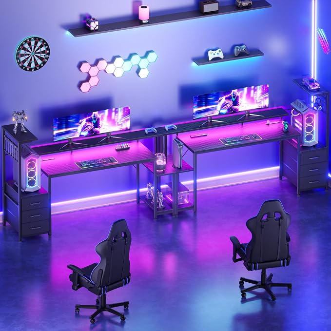Korfile 63 Inch Gaming Desk with Bluetooth LED Lights & Power Outlets,Computer Desk with Fabric Drawers & Hooks,Reversible Gamer Table with Monitor Stand for Game Room,Home Office,Carbon Fiber Black