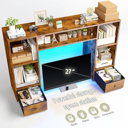 REIBII Desktop Bookshelf with LED Lights,47.2" Desktop Organizer with 6 Shelves and 2 Drawers for Top of Desk,Multipurpose Desk Hutch Dorm with Adjustable Shelves for Home and Office,Rustic Brown