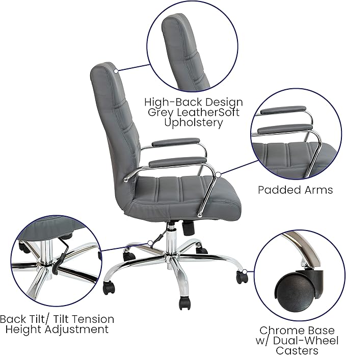 Merrick Lane Milano Contemporary High-Back Gray Faux Leather Home Office Chair with Padded Chrome Arms