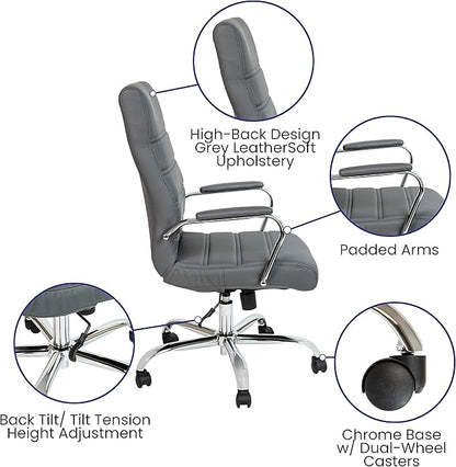 Merrick Lane Milano Contemporary High-Back Gray Faux Leather Home Office Chair with Padded Chrome Arms