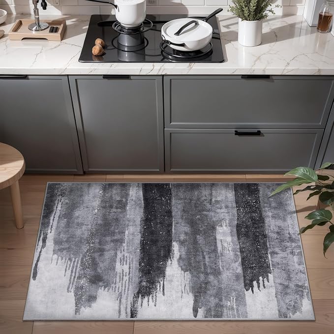 Ciicool Modern Abstract Area Rug 2x3 Washable Small Entryway Rugs,Grey Black Non-Slip Low Pile Throw Entry Rug, Foldable Kitchen Bathroom Rugs Floor Carpet for Entrance Bedroom Indoor Doormat
