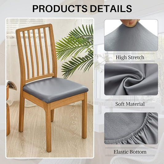 SearchI Waterproof PU Leather Seat Covers for Dining Chairs, 6 Pack Stretch Dining Room Chair Seat Covers, Kitchen Chair Seat Covers Protectors (Grayish)