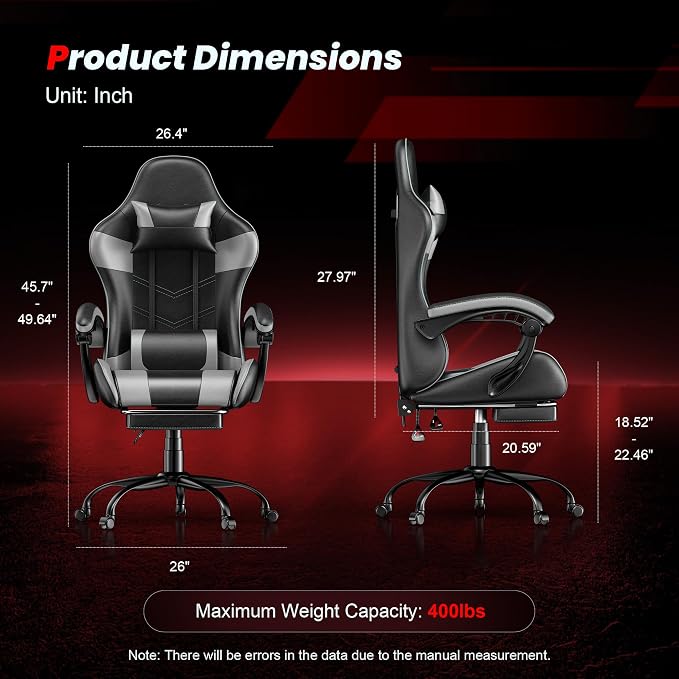 Gaming Chair with Footrest, Ergonomic Video Game Chair with Headrest and Lumbar Support, 400 lbs Adult Chair, Height Adjustable 360° Swivel High Back Reclining Computer Chair for Home Office (Grey)