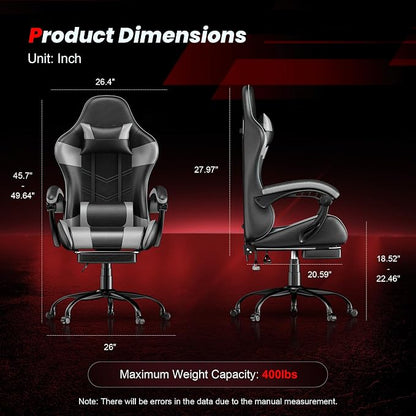 Gaming Chair with Footrest, Ergonomic Video Game Chair with Headrest and Lumbar Support, 400 lbs Adult Chair, Height Adjustable 360° Swivel High Back Reclining Computer Chair for Home Office (Grey)
