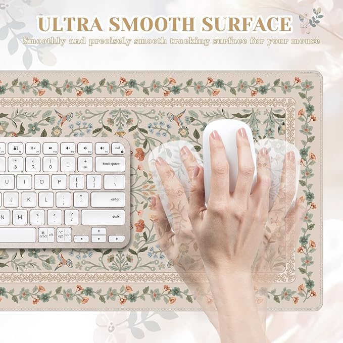 iCasso Aesthetic Flower Mouse pad for Laptop, Desk Pad Mat, Desk Matt for Desktop 13.7"x23.6", Anti-Slip Mousepad with Stitched Edges for Laptop Computer Keyboard(Beige)