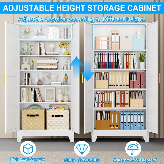 pozdeg 75" Tall Metal Storage Cabinet with 2 Doors & 5 Adjustable Shelves, Widen Steel File Cabinet Multipurpose Organizer for Home Office Garage (White)