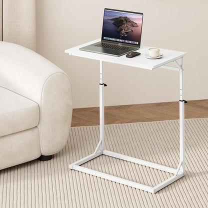 Vagusicc C Shaped End Table, Tall Side Table for Couch, C-Table End Table Adjustable Height Side Table, Large Surface Sofa Table TV Tray, Slide Under Couch Table for Sofa, Living Room, Bedroom, White