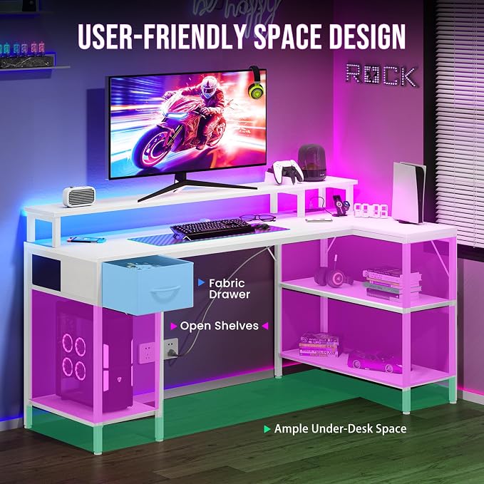 DUMOS 53" Gaming Desk with USB Charging Ports & LED Lights, Reversible L-Shaped Corner Computer Table for Small Spaces, Power Outlets, Monitor Stand & Storage Shelves Included, White