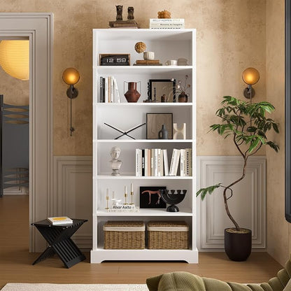 TVU 6-Tier Wooden Bookshelf, 77.2" Tall Farmhouse Style Open Bookcase, 31.5" W Standing Bookshelf with Storage, Suitable for Study, Living Room, Office, White