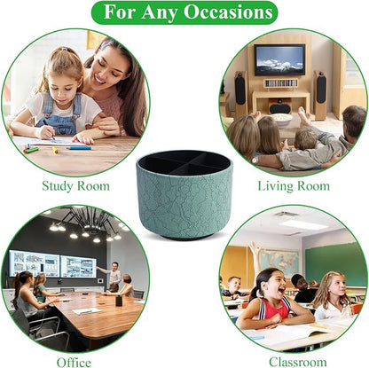 Round Leather Art Supply Organizer,Remote Control Holder,360 Degree Spinning,Multi-Functional Pencil Holder,4 Compartments Desktop Stationary Organizer(1-Lace Flower Green2)