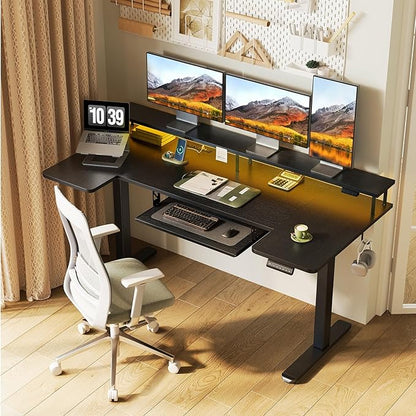 OffiGo U Shaped Electric Standing Desk with Keyboard Tray, 63 Inch Height Adjustable Desk with Power Outlets & LED Lights, Sit Stand Table with Monitor Stand for Home, Office, Black