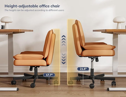 DurayLoly Criss Cross Chair with Wheels, Cross Legged Office Chair with 2 Layer Comfty Leather & Back, Armless Wide Vanity Chair for Home Office, Orange