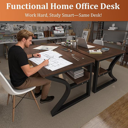 55 inch Computer Desk, Home Office Desk with Storage Shelf, Sturdy U-Shaped Metal Frame Study Table with Cable Management, Gaming Desk for Office & Bedroom (Deep Walnut, 55inch)