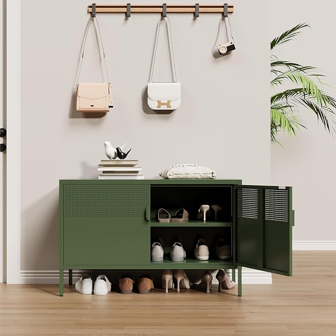 Metal Storage Cabinet,2 Door TV Stand, Metal Mesh Accent Cabinet,Magnetic Door Closure,Low Storage Cabinets with Doors and Shelves