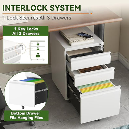 SAWJEC 3 Drawer File Cabinet with Lock, White Metal Filing Cabinet for Home Office, Fully Assembled, Vertical Locking File Cabinet with Letter Legal A4 Size Hanging Files, 15" W x 17" D x 24" H