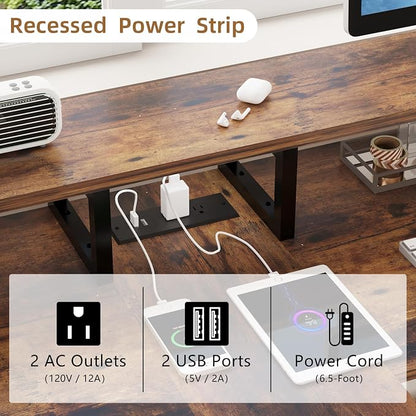 Mexin 2 Person Desk-83.7 Inch Double Computer Desk with Monitor Stand and Power Outlets, Office Desk with Storage Shelves, Long Desk for Home Office, Rustic Brown