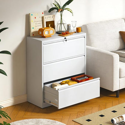 3 Drawer Lateral File Cabinet with Lock, Metal Lateral Filing Cabinet for Home Office, Steel Wide Horizontal Filing Cabinets for Letter/Legal/A4/F4 Hanging Files (White)