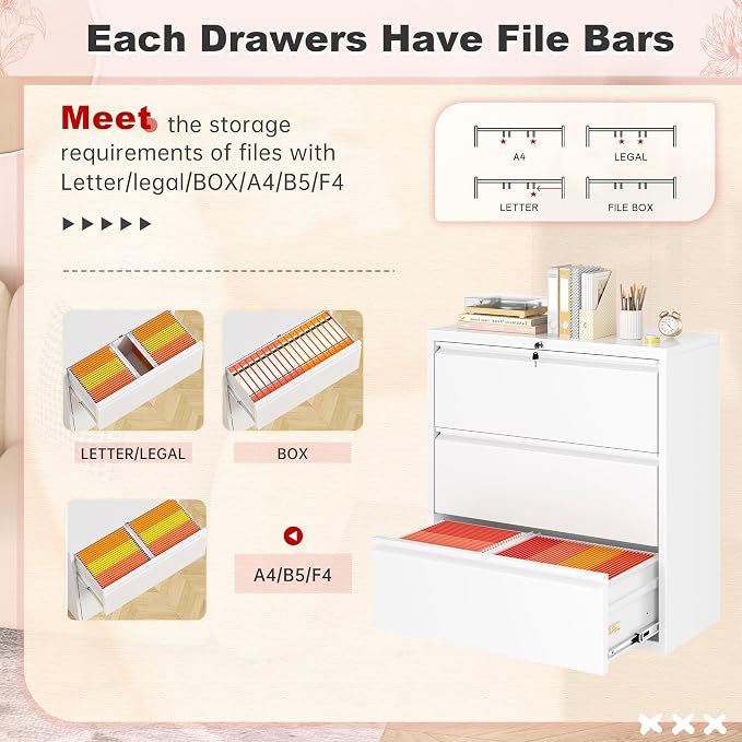 Superday Lateral File Cabinet 3 Drawer Metal File Cabinet with Lock, White Filing Cabinets for Home Office, Locking Filing Cabinets Hanging Files Letter/Legal/F4/A4